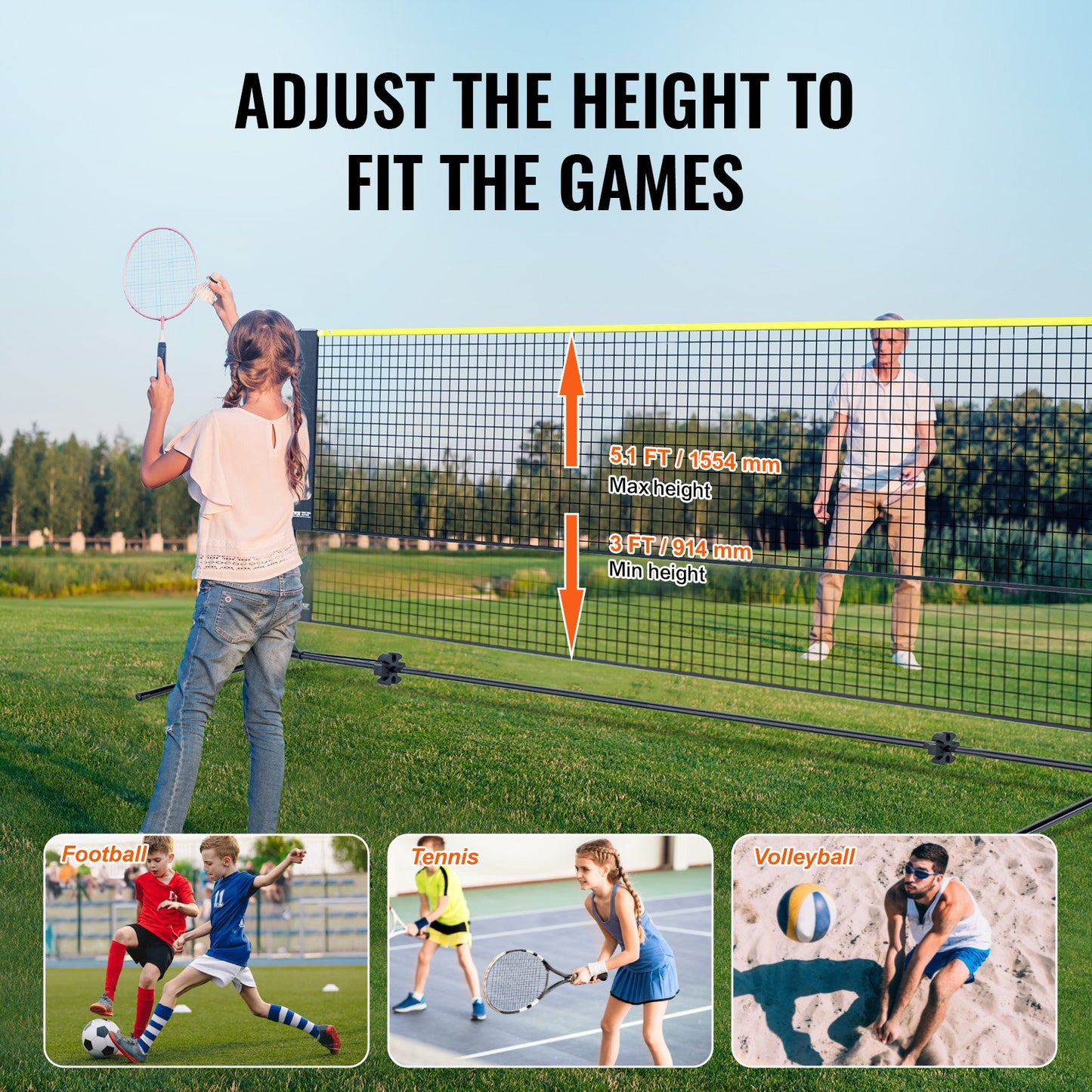 Badminton Net, Height Adjustable Volleyball Net, 14 Feet Wide Collapsible Pickleball Net, Portable Easy-to-Install Tennis Net Set with Poles, Stand and Carrying Bag, for Kids Backyard Games Indoor Outdoor Use