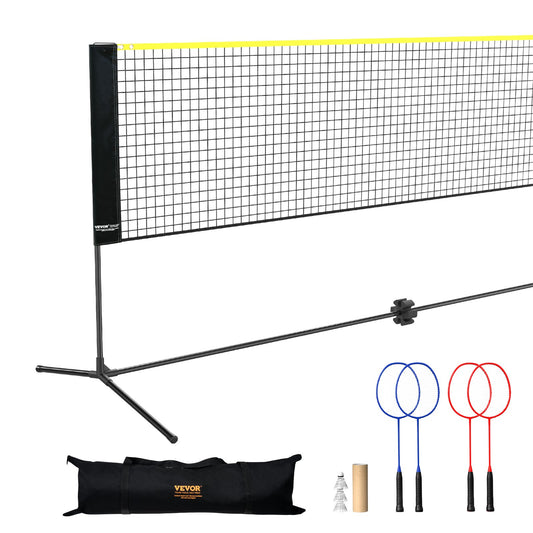 Badmintonnät, höjdjusterbart volleybollnät, 20 fot brett hopfällbart pickleballnät, portabelt tennisnätset med stavar, stativ, väska, racketar, nylonfjädrar, barnbakgård inomhus utomhusbruk