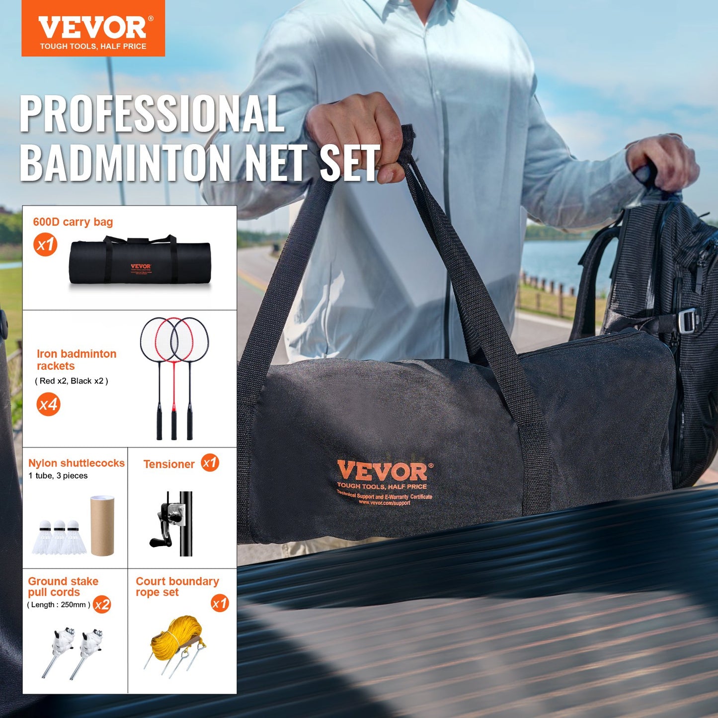Badmintonnätset, Outdoor Backyard Beach Park Badmintonnät, Portabelt badmintonutrustningsset, Badmintonnät för vuxna barn med stavar, bärväska, 4 järnracketar och 3 nylonfjädrar