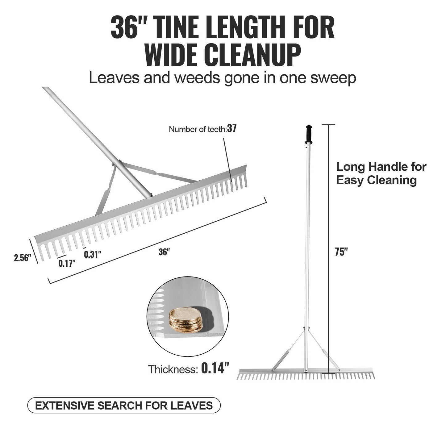 Landskapsräfsa, 915 mm huvud i aluminium Landskapsräfsa, Lake Weed Rake med 1915 mm långt handtag, för att lossa jord, gräsmattavård, ogräsrensning i sjö, trädgård, damm