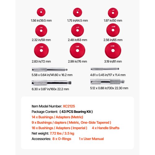 Lagerpresssats, 43 delar, Lagerbana och Tätningsdrivare med 39 Bussningar och Handtagsaxlar, Bussningsdrivare Verktygssats, Robust Aluminiumlegering Demonterings- och Monteringsverktygssats med Förvaringsväska |  EU