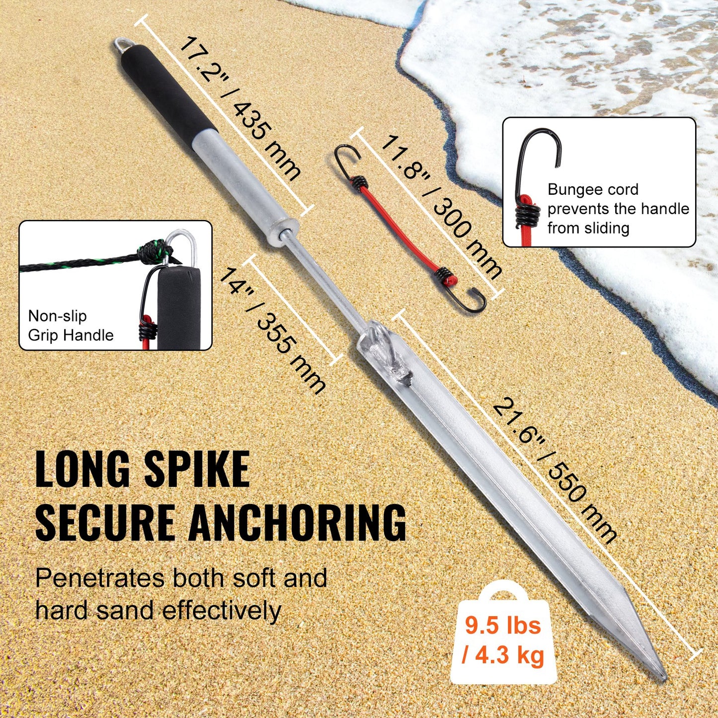 Sand Spike Boat Anchor Pole, 36" galvaniserat kolstål Slide Ankare Shore Spike, självhamrande Beach Spike Ankare för jetski pontonkajak för småbåtar, med Oxford förvaringsväska och bungee-lina