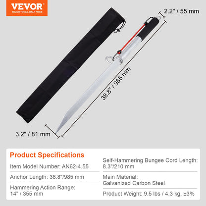 Sand Spike Boat Anchor Pole, 36" galvaniserat kolstål Slide Ankare Shore Spike, självhamrande Beach Spike Ankare för jetski pontonkajak för småbåtar, med Oxford förvaringsväska och bungee-lina