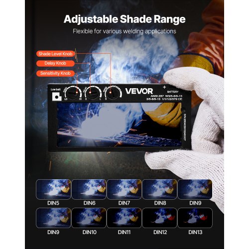 automatiskt nedbländande svetslins 108 x 51 mm, täckning 5-13 justerbart färgsvetslins med dubbla ljusbågssensorer, kompatibel med de flesta svetshjälmar för TIG-, MIG- och MMA-applikationer |  EU