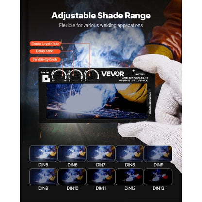 automatiskt nedbländande svetslins 108 x 51 mm, täckning 5-13 justerbart färgsvetslins med dubbla ljusbågssensorer, kompatibel med de flesta svetshjälmar för TIG-, MIG- och MMA-applikationer |  EU