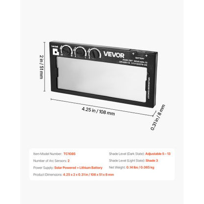 automatiskt nedbländande svetslins 108 x 51 mm, täckning 5-13 justerbart färgsvetslins med dubbla ljusbågssensorer, kompatibel med de flesta svetshjälmar för TIG-, MIG- och MMA-applikationer |  EU