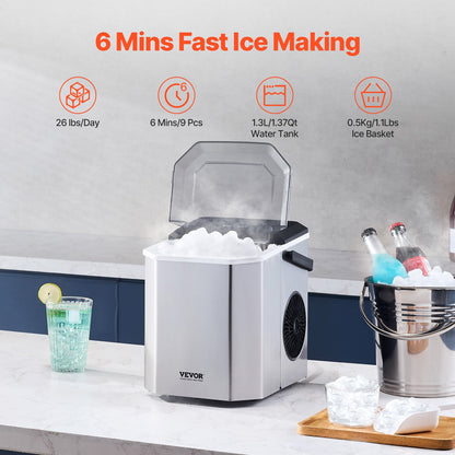 Portable Countertop Ice Maker 26lbs/24H Self-Cleaning with Bucket Basket