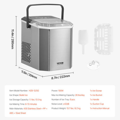 Portable Countertop Ice Maker 26lbs/24H Self-Cleaning with Bucket Basket