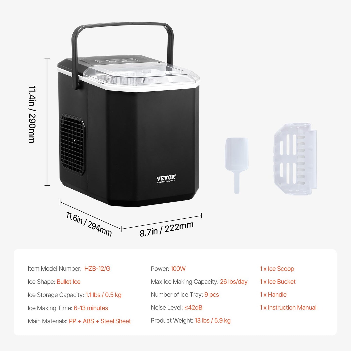 Portable Countertop Ice Maker 26lbs/24H Self-Cleaning with Bucket Basket