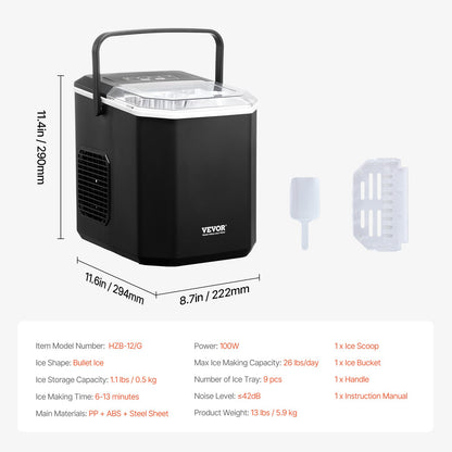 Portable Countertop Ice Maker 26lbs/24H Self-Cleaning with Bucket Basket