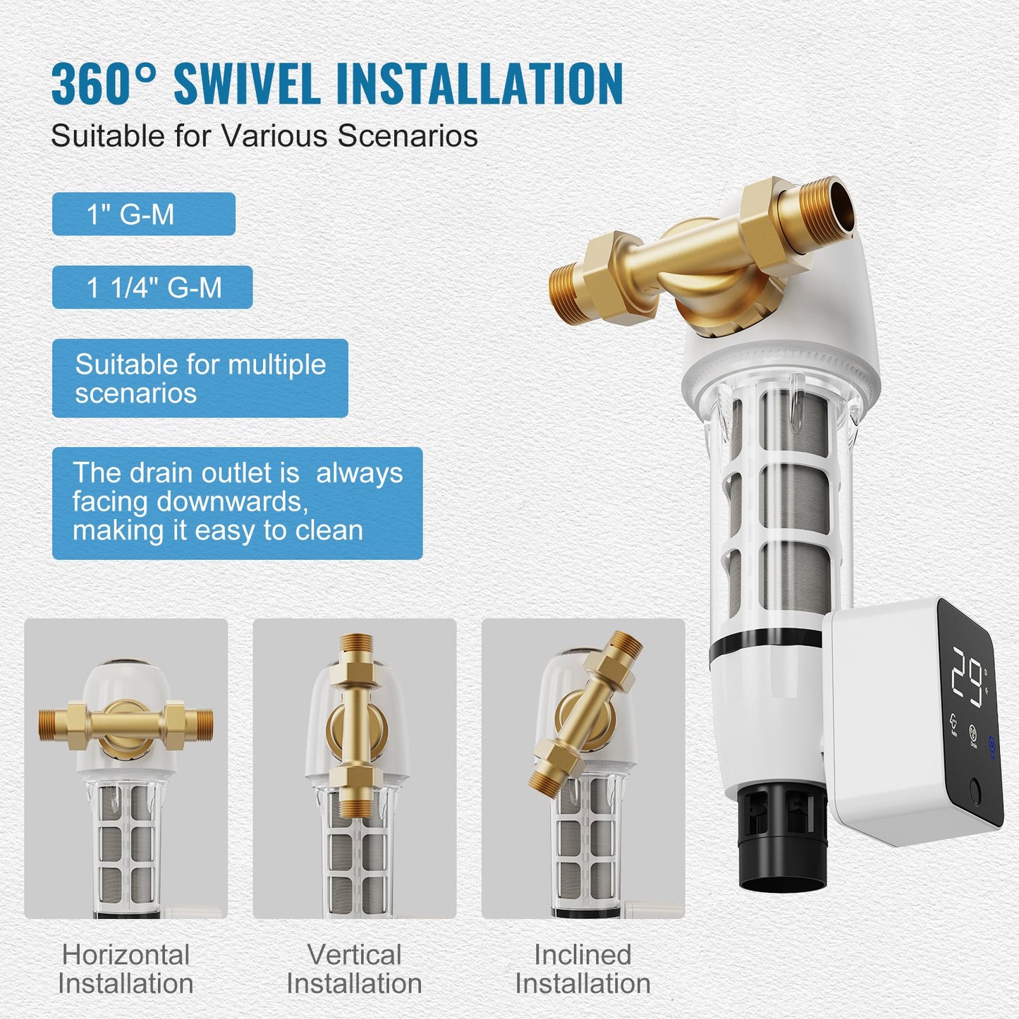 Spin Down-filter, 40 mikron helhussedimentfilter för brunnsvatten, 1" GM + 1 1/4" GM, 8 T/H hög flödeshastighet, för vattenfiltreringssystem i hela huset, brunnsvattensedimentfilter