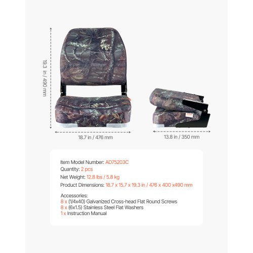 Boat Seat Low Backrest Foldable Boat Seat Sponge Cushion Camouflage 2pcs | EU