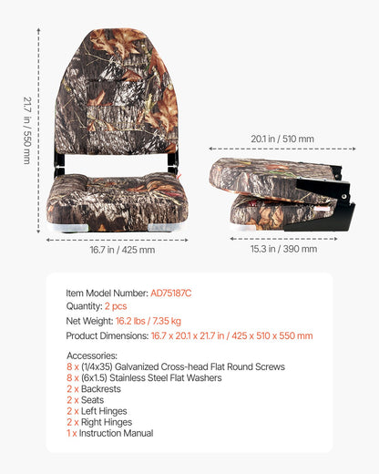 Boat Seat High Backrest Foldable Boat Seat Sponge Cushion Camouflage