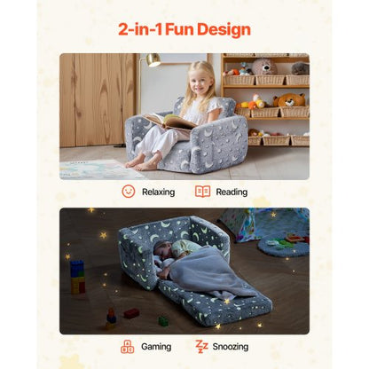 2-in-1 children's sofa foldable toddler sofa with armrests luminous M grey | EU