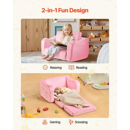 2-i-1 barnsoffa, hopfällbar mjuk soffa för småbarn med armstöd, tillverkad av 28D svamp och kort lugg, konverterbar fåtölj till solsäng, utfällbar barnsoffa för rolig lek eller bekväm avkoppling, M, rosa |  EU