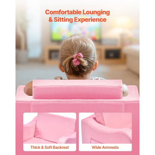 2-i-1 barnsoffa, hopfällbar mjuk soffa för småbarn med armstöd, tillverkad av 28D svamp och kort lugg, konverterbar fåtölj till solsäng, utfällbar barnsoffa för rolig lek eller bekväm avkoppling, M, rosa |  EU