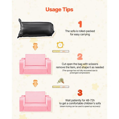 2-i-1 barnsoffa, hopfällbar mjuk soffa för småbarn med armstöd, tillverkad av 28D svamp och kort lugg, konverterbar fåtölj till solsäng, utfällbar barnsoffa för rolig lek eller bekväm avkoppling, M, rosa |  EU