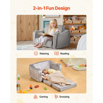 2-in-1 children's sofa foldable soft sofa with armrests armchair for sun lounger M gray | EU