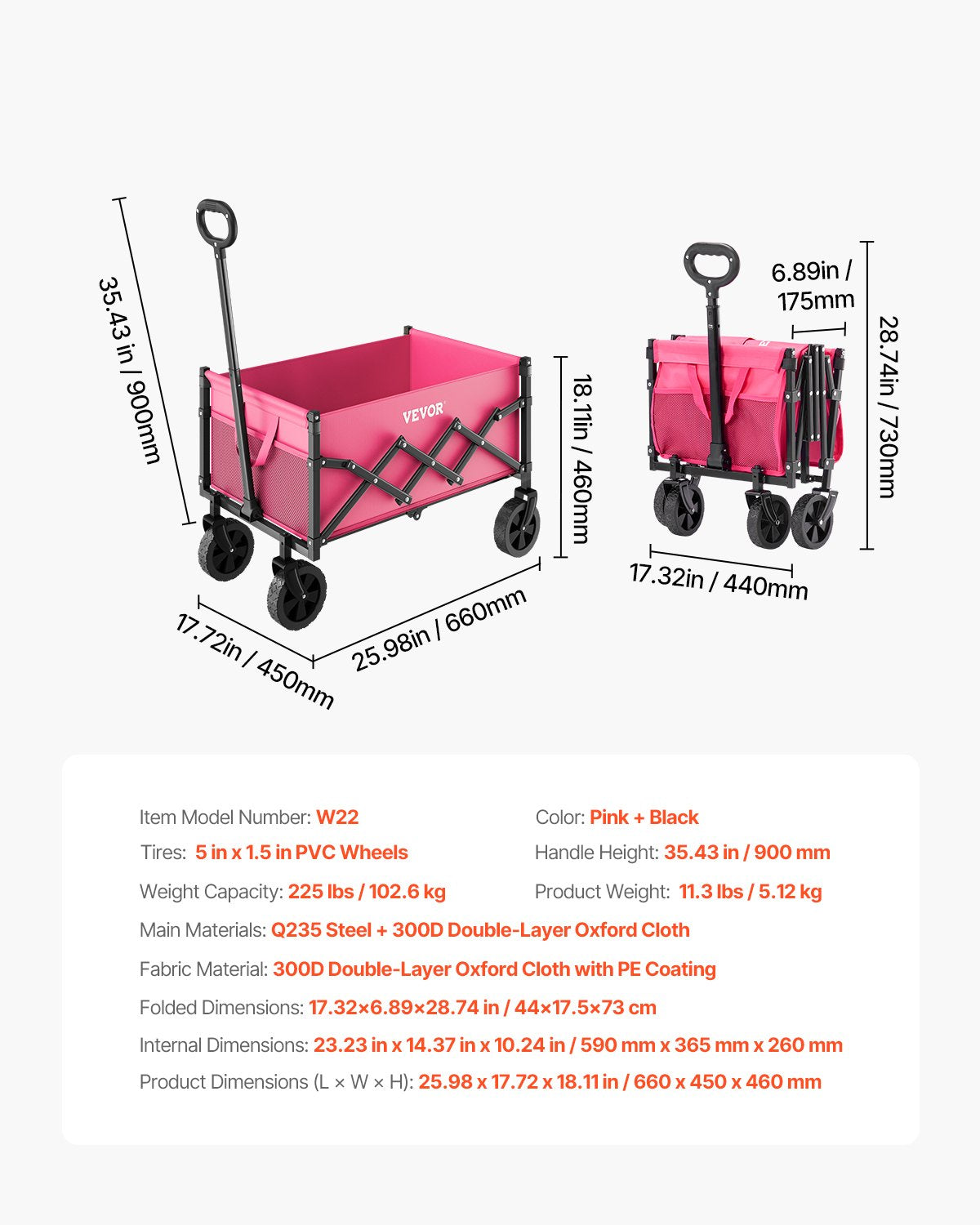 Hopfällbara vagnar 120L & 225LBS Heavy Duty hopfällbar trädgårdsvagn Rosa