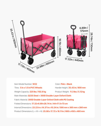 Hopfällbara vagnar 120L & 225LBS Heavy Duty hopfällbar trädgårdsvagn Rosa
