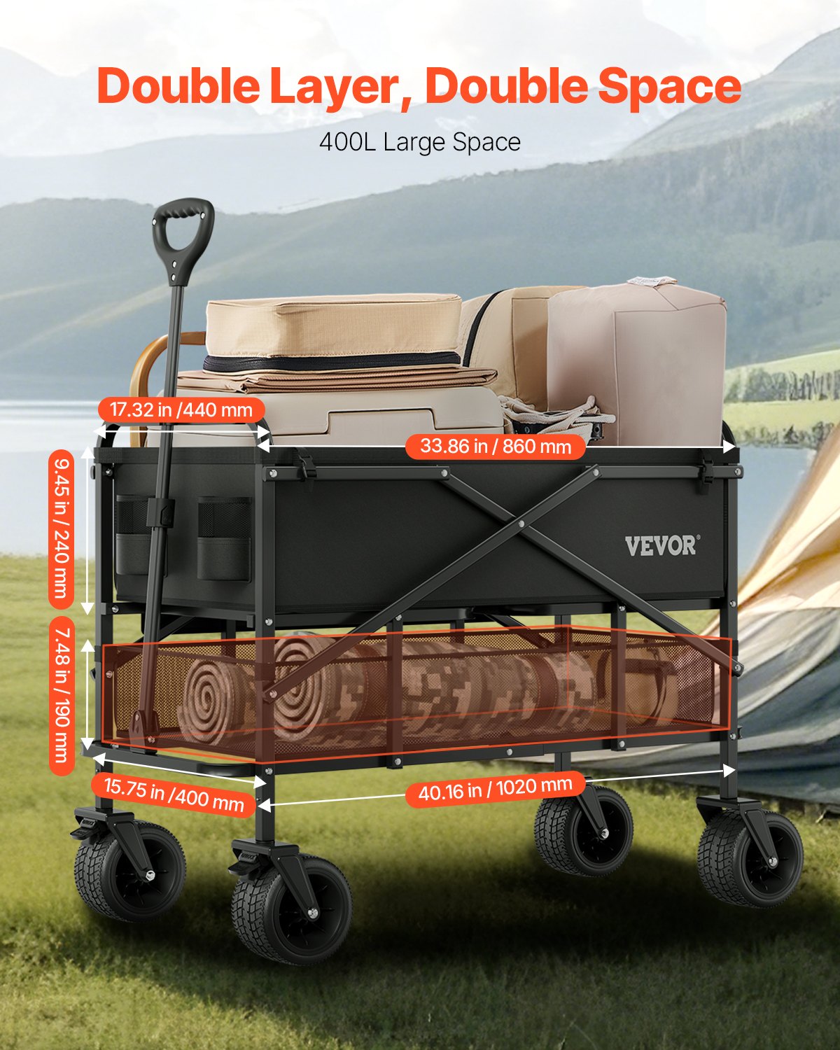 Double Decker Foldable 300L &amp; 450 lbs Heavy Duty Foldable Trolley