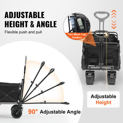 Foldable Folding Cart, 3 cu.ft Beach Cart Wagon with All-Terrain Wheels, Heavy Duty Folding Cart 350 lbs Weight Capacity with Drink Holder, Sports Cart for Camping, Shopping, Garden