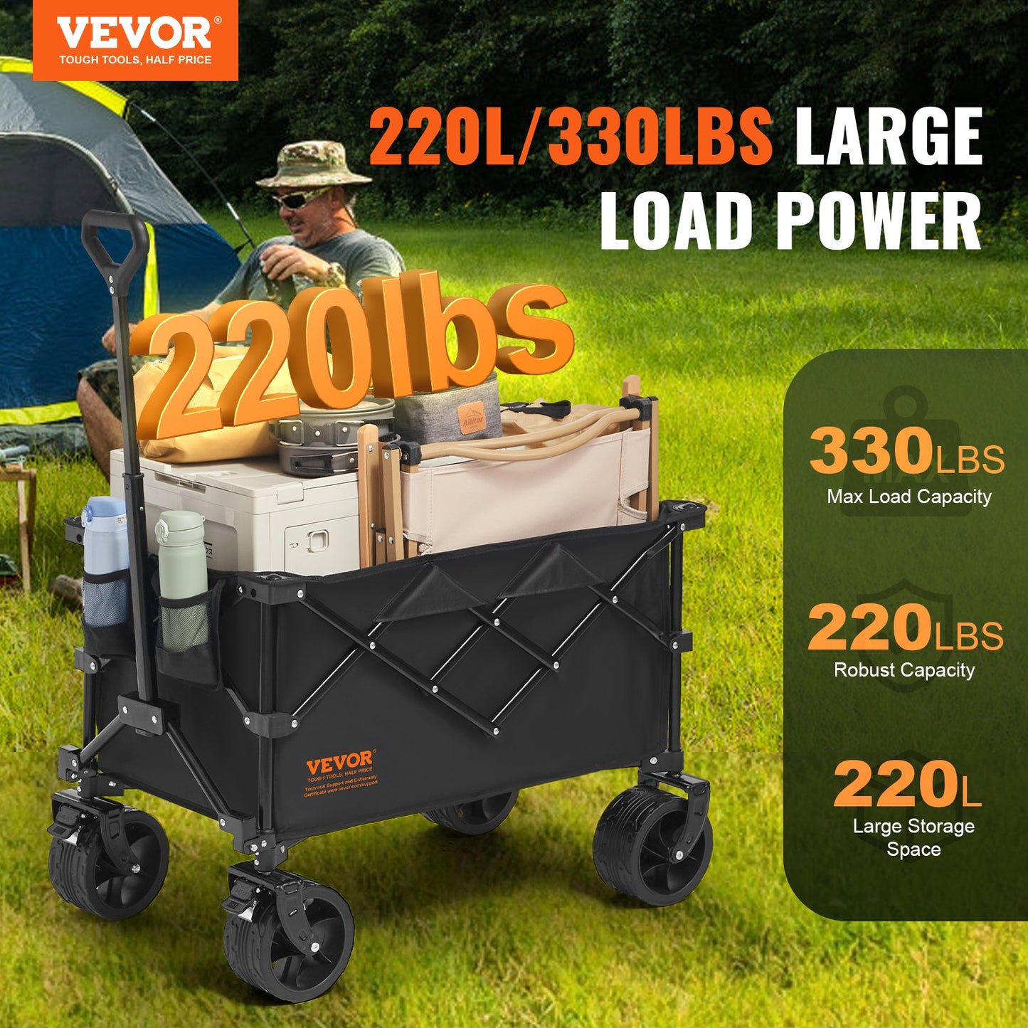 Hopfällbar hopfällbar vagn, 220 L strandvagnsvagn med terränghjul, tung hopfällbar vagn Max 330 lbs med dryckeshållare, sportvagn för camping, shopping, trädgård