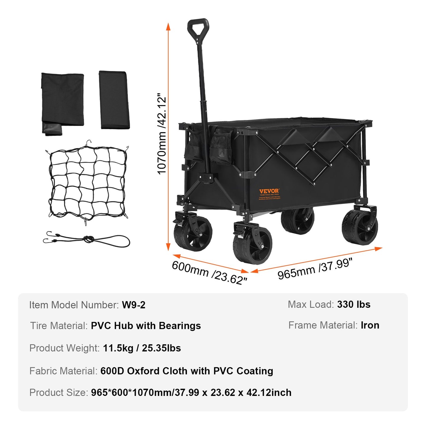 Hopfällbar hopfällbar vagn, 220 L strandvagnsvagn med terränghjul, tung hopfällbar vagn Max 330 lbs med dryckeshållare, sportvagn för camping, shopping, trädgård