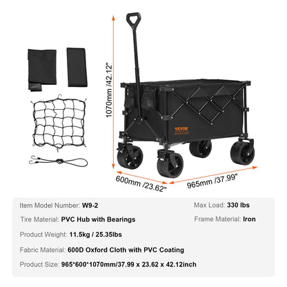 Hopfällbar hopfällbar vagn, 220 L strandvagnsvagn med terränghjul, tung hopfällbar vagn Max 330 lbs med dryckeshållare, sportvagn för camping, shopping, trädgård