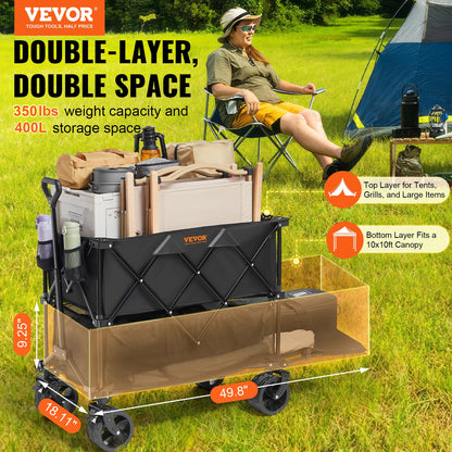 Faltbarer Doppeldeckerwagen, 400 l, faltbarer Wagen mit All-Terrain-Rädern, robuster, faltbarer Wagen mit 350 lbs Tragkraft für Camping, Einkaufen, Garten, 52" extra lange Verlängerung
