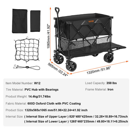 Faltbarer Doppeldeckerwagen, 400 l, faltbarer Wagen mit All-Terrain-Rädern, robuster, faltbarer Wagen mit 350 lbs Tragkraft für Camping, Einkaufen, Garten, 52" extra lange Verlängerung