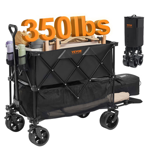 Foldable Double Decker Cart, 400L Foldable Cart with All-Terrain Wheels, Heavy Duty Foldable Cart 350 lbs Weight Capacity for Camping, Shopping, Garden, 52" Extra Long Extender