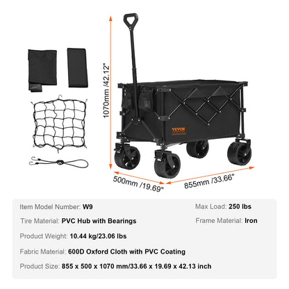 Hopfällbar hopfällbar vagn, 113 L strandvagnsvagn med terränghjul, tung hopfällbar vagn Max 250 lbs med dryckeshållare, sportvagn för camping, shopping, trädgård
