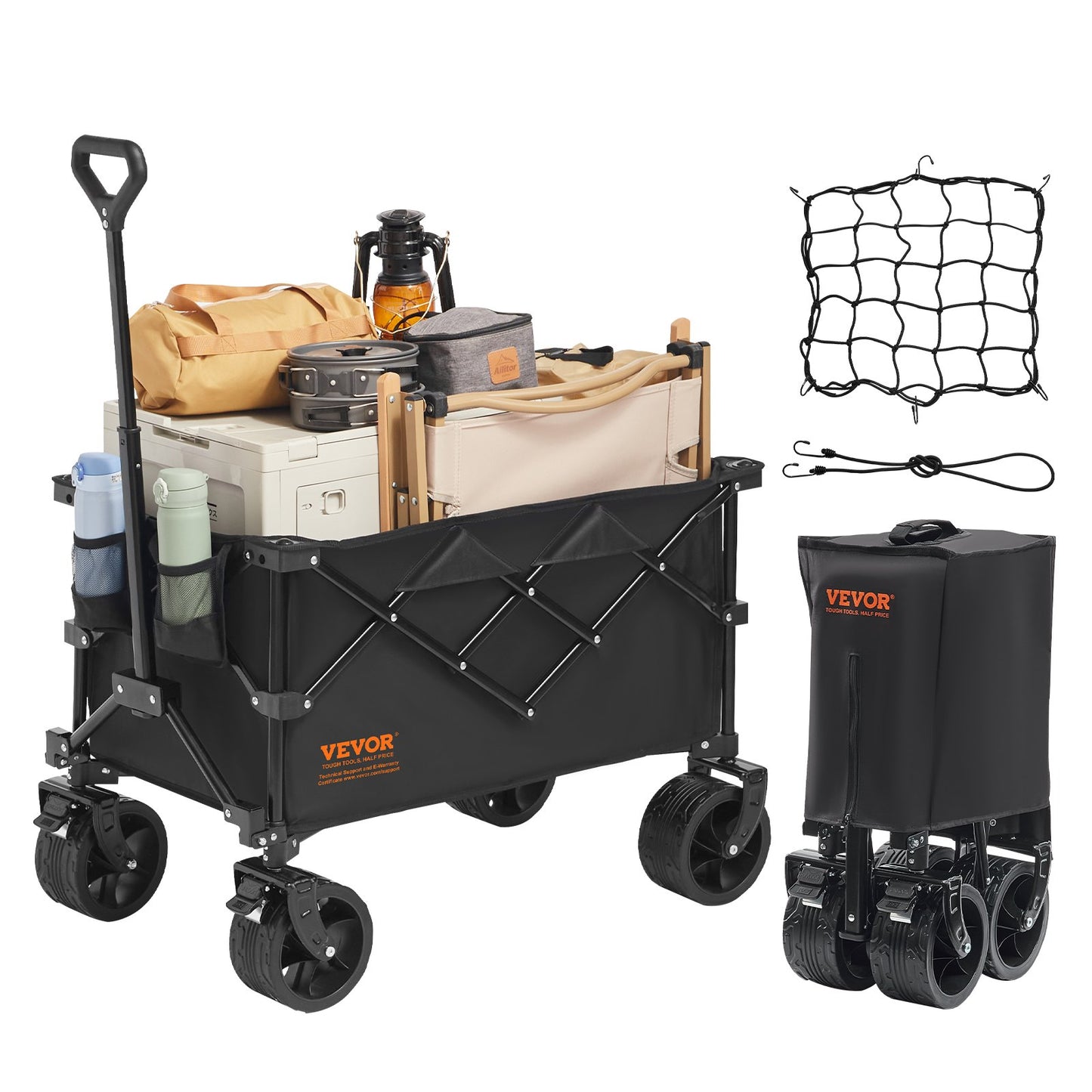 Hopfällbar hopfällbar vagn, 113 L strandvagnsvagn med terränghjul, tung hopfällbar vagn Max 250 lbs med dryckeshållare, sportvagn för camping, shopping, trädgård