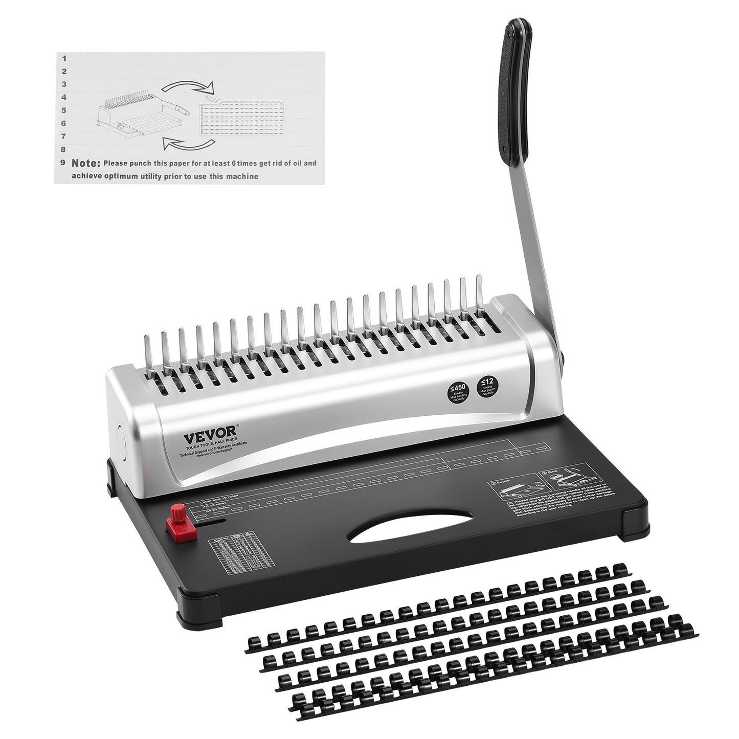 Bindningsmaskin, kambindningsmaskin 21-hålsbindning 450 ark, bokbindningsmaskin med 100 ST 3/8'' kambindningsryggar, för bokstavsstorlek, A4, A5