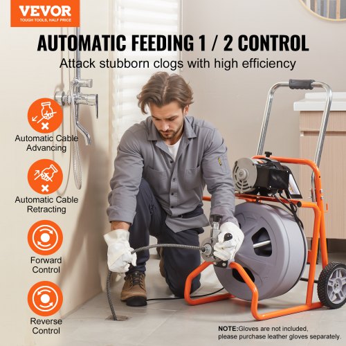 avloppsrengöringsmaskin 75FT x 1/2 tum automatisk matning med hjul och 8 fräsar |  EU