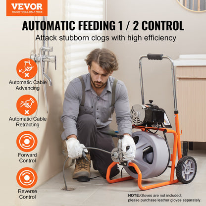 Avloppsrengöringsmaskin 100FT x 3/8 tum automatisk matning med hjul och 8 fräsar