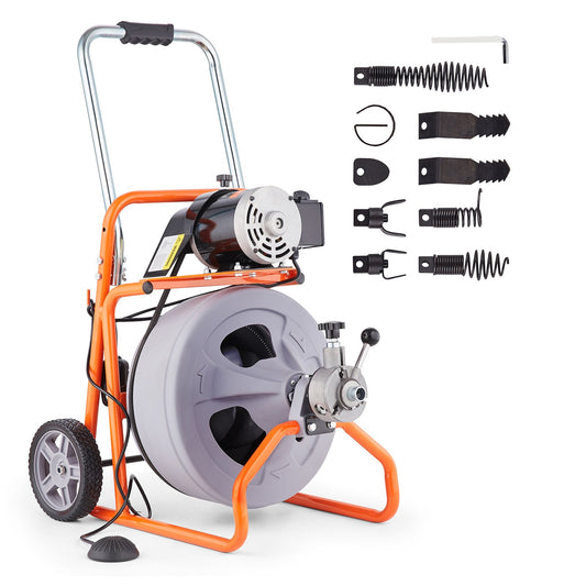 Sewer cleaning machine 100FT x 1/2 inch automatic feeding with wheels and 8 cutters