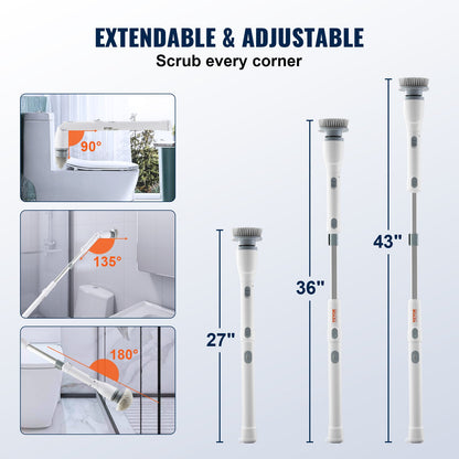 Electric Spin Scrubber, sladdlös rengöringsborste med 2 justerbara hastigheter och utdragbart långt handtag, 1,5H Runtime Power Shower Scrubber med 4 utbytbara borsthuvuden för badrum, badkar, kakel