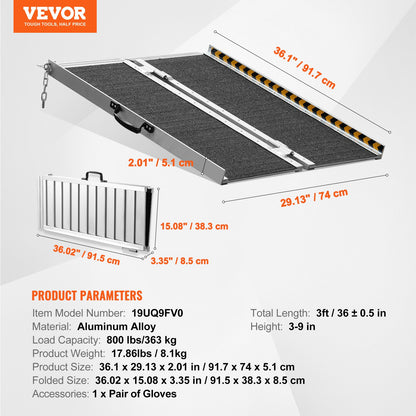 Bärbar Rullstolsramp, 3 ft 800 lbs Kapacitet, Halkfri aluminiumfällbar tröskelramp, hopfällbar Mobility Scooter Ramp Rullstolsramp, Handikappramp för hemtrappor, trappor, dörröppningar, trottoarkanter