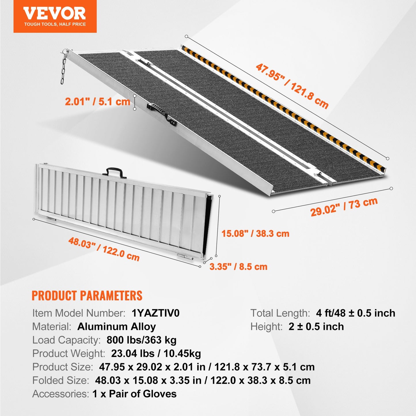 Portable Wheelchair Ramp, 4 ft 800 lbs Capacity, Non-Slip Folding Aluminum Threshold Ramp, Foldable Mobility Scooter Ramp Wheelchair Ramp, Handicap Ramp for Home Stairs, Stairs, Doorways, Curbs
