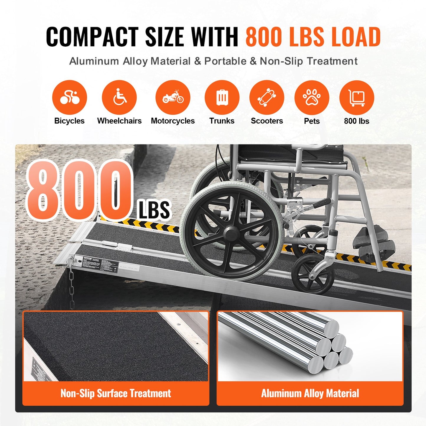 Bärbar Rullstolsramp, 6 fot 800 lbs Kapacitet, Halkfri fällbar tröskelramp av aluminium, hopfällbar Mobility Scooter Ramp Rullstolsramp, Handikappramp för hemtrappor, trappor, dörröppningar, trottoarkanter