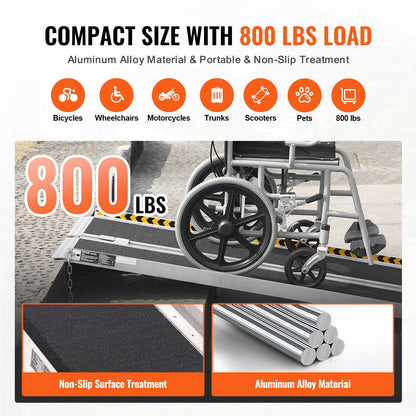 Bärbar Rullstolsramp, 6 fot 800 lbs Kapacitet, Halkfri fällbar tröskelramp av aluminium, hopfällbar Mobility Scooter Ramp Rullstolsramp, Handikappramp för hemtrappor, trappor, dörröppningar, trottoarkanter