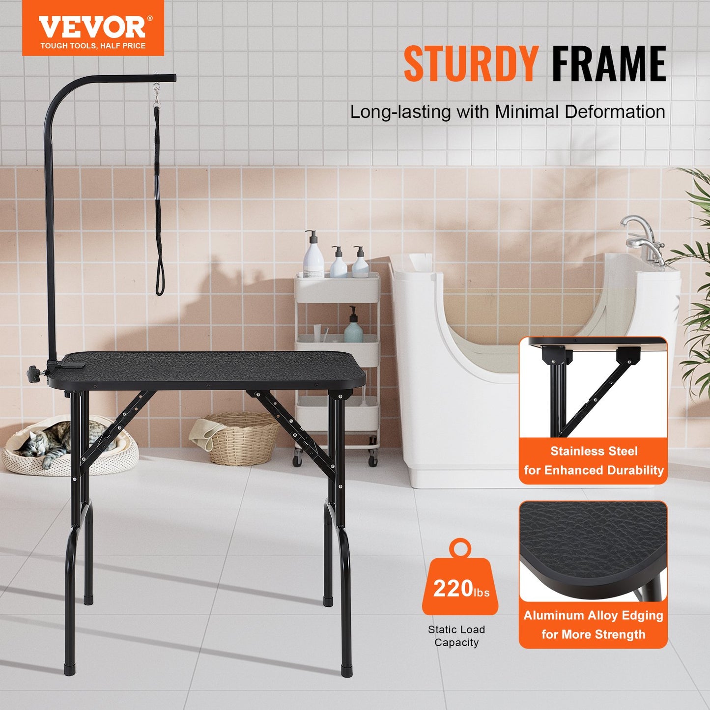 PET Grooming Table Arm with Clamp, 808 x 460 mm Dog Grooming Station, Foldable PET Grooming Stand for Medium and Small Dogs, Free No Sit Hanging Holder with Grooming Loop, Bearing 99.8 kg