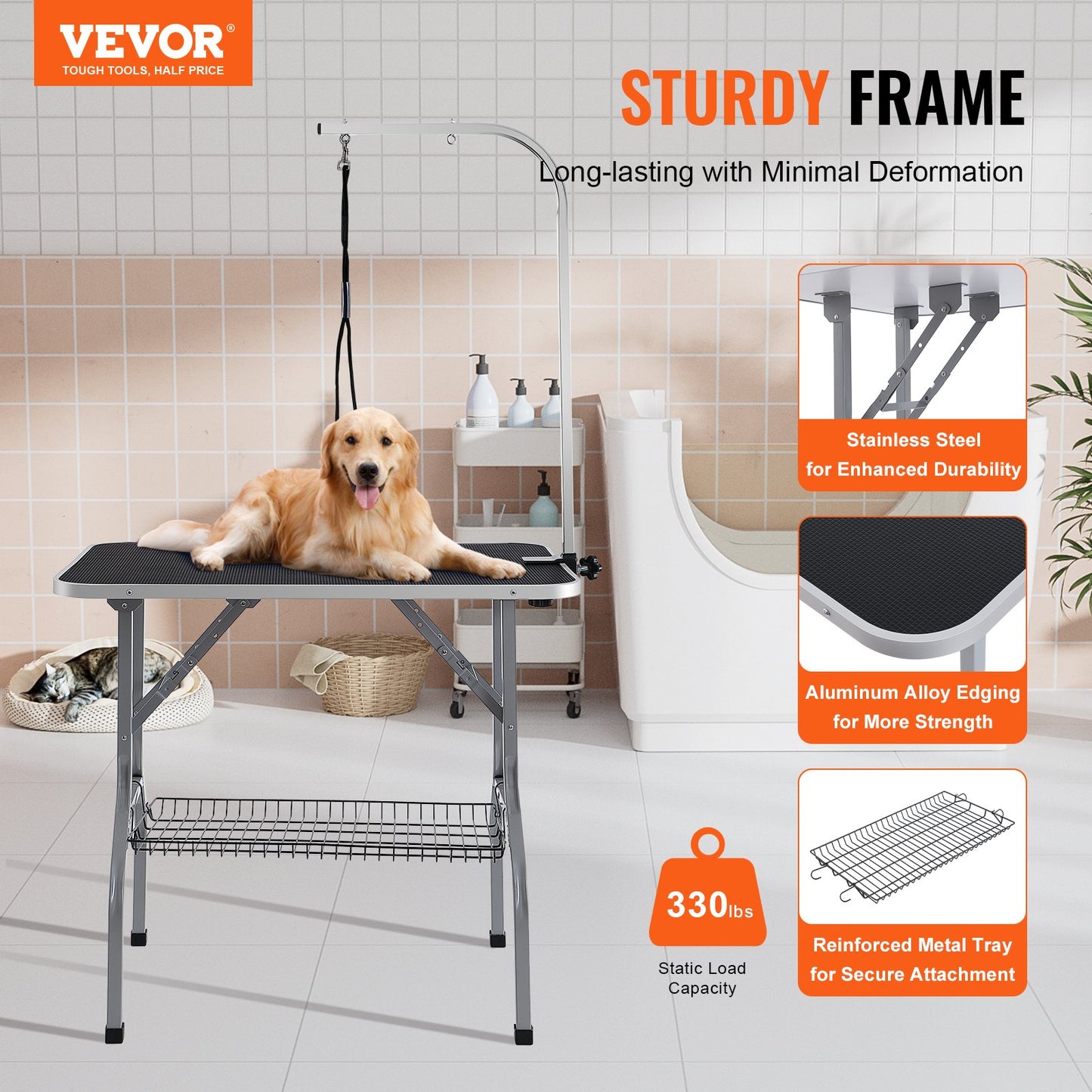 PET Grooming Bordsarm med klämma, 915 x 610 mm Hund Grooming Station, hopfällbart PET Grooming Stativ för medelstora och små hundar, Fri No Sit Hunch-hållare med Grooming Loop, Lager 149,7 kg