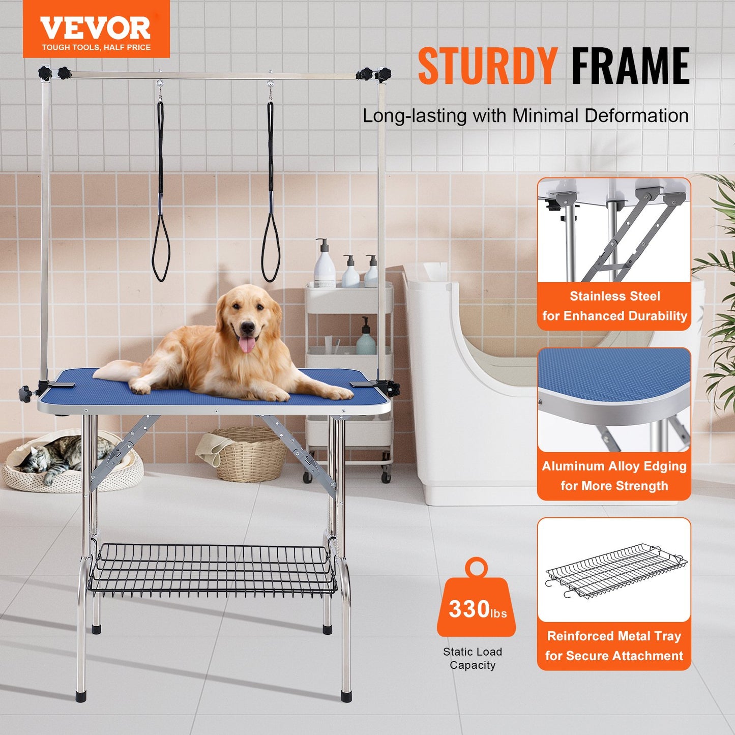 Tierpflegetisch Zweiarmig mit Klemme, 915 x 610 mm Hundepflegestation, Faltbarer Tierpflegeständer für mittelgroße und kleine Hunde, Gratis Zwei No-Sit-Hängehalter mit Pflegeschlaufe, Tragkraft 150 kg