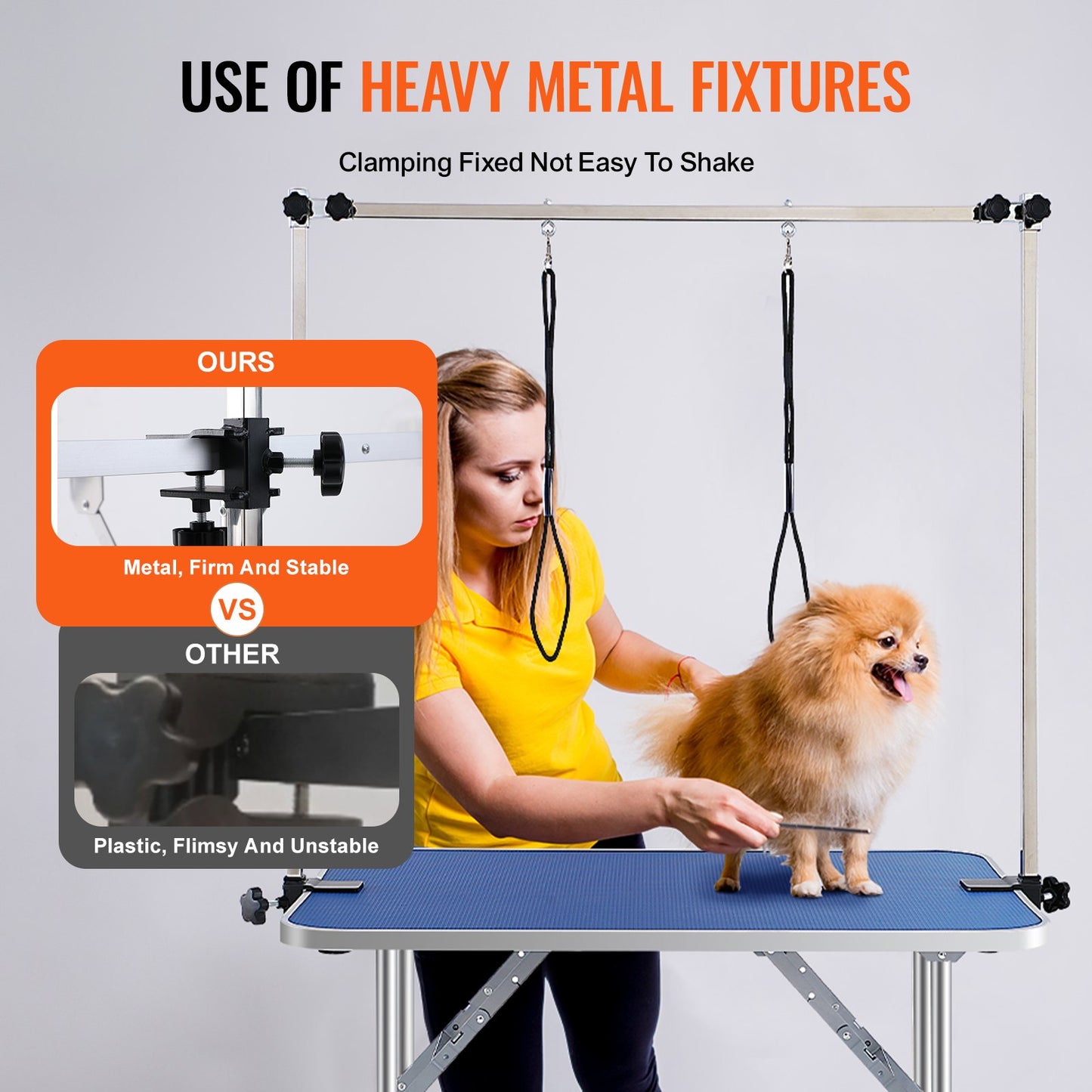 Tierpflegetisch Zweiarmig mit Klemme, 915 x 610 mm Hundepflegestation, Faltbarer Tierpflegeständer für mittelgroße und kleine Hunde, Gratis Zwei No-Sit-Hängehalter mit Pflegeschlaufe, Tragkraft 150 kg