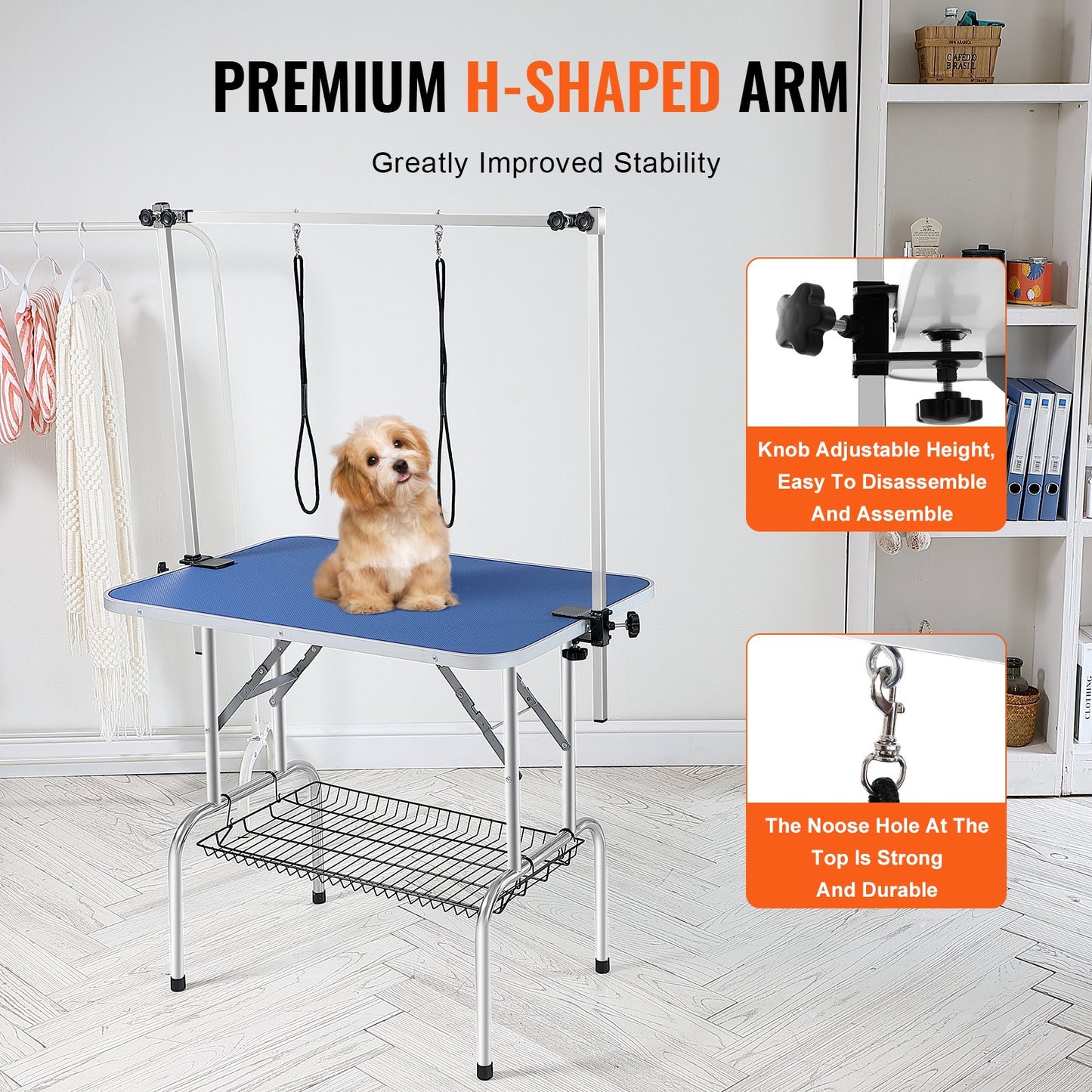 Tierpflegetisch Zweiarmig mit Klemme, 915 x 610 mm Hundepflegestation, Faltbarer Tierpflegeständer für mittelgroße und kleine Hunde, Gratis Zwei No-Sit-Hängehalter mit Pflegeschlaufe, Tragkraft 150 kg