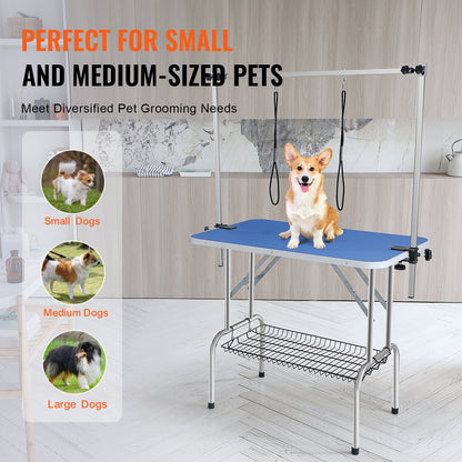 Tierpflegetisch Zweiarmig mit Klemme, 915 x 610 mm Hundepflegestation, Faltbarer Tierpflegeständer für mittelgroße und kleine Hunde, Gratis Zwei No-Sit-Hängehalter mit Pflegeschlaufe, Tragkraft 150 kg