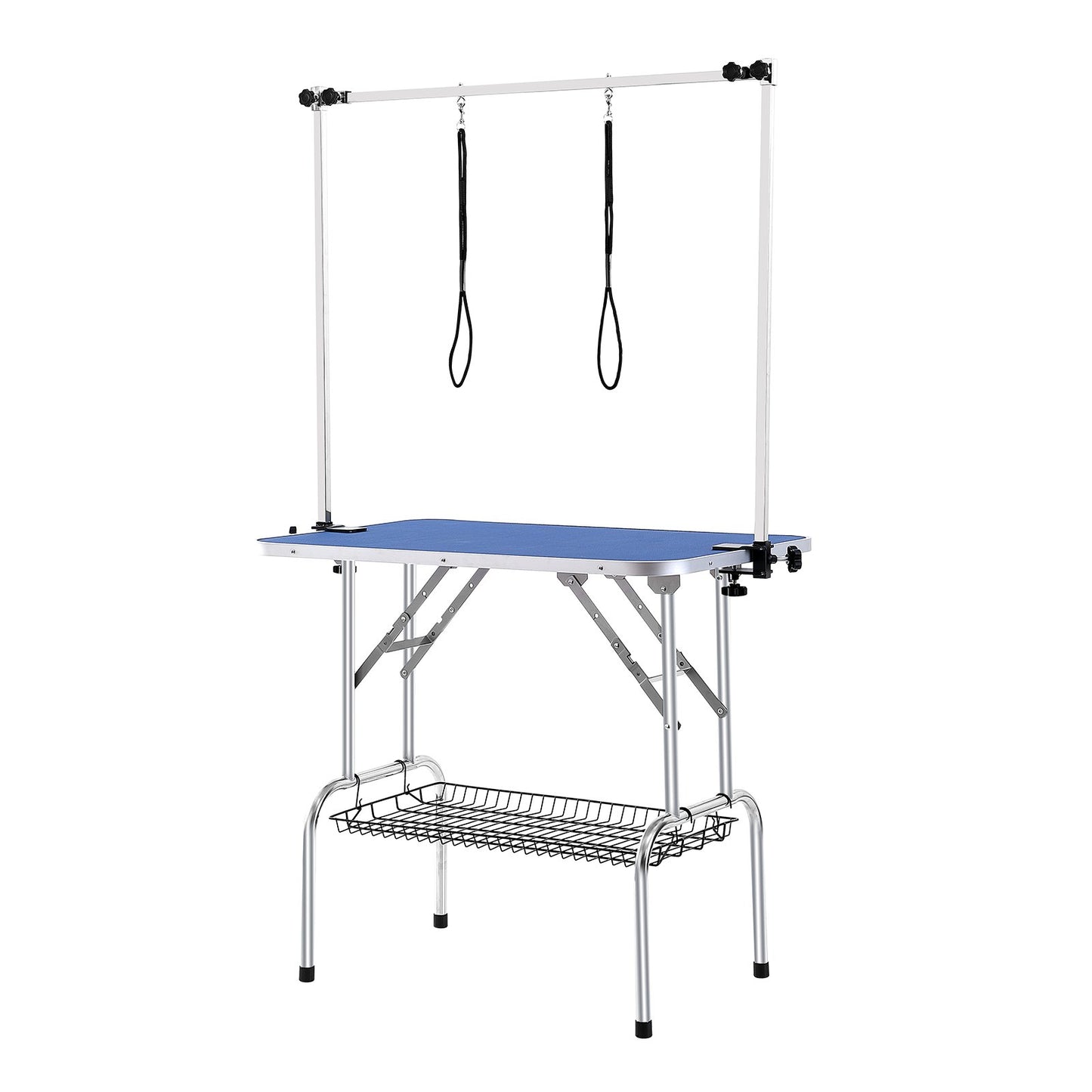 Tierpflegetisch Zweiarmig mit Klemme, 915 x 610 mm Hundepflegestation, Faltbarer Tierpflegeständer für mittelgroße und kleine Hunde, Gratis Zwei No-Sit-Hängehalter mit Pflegeschlaufe, Tragkraft 150 kg